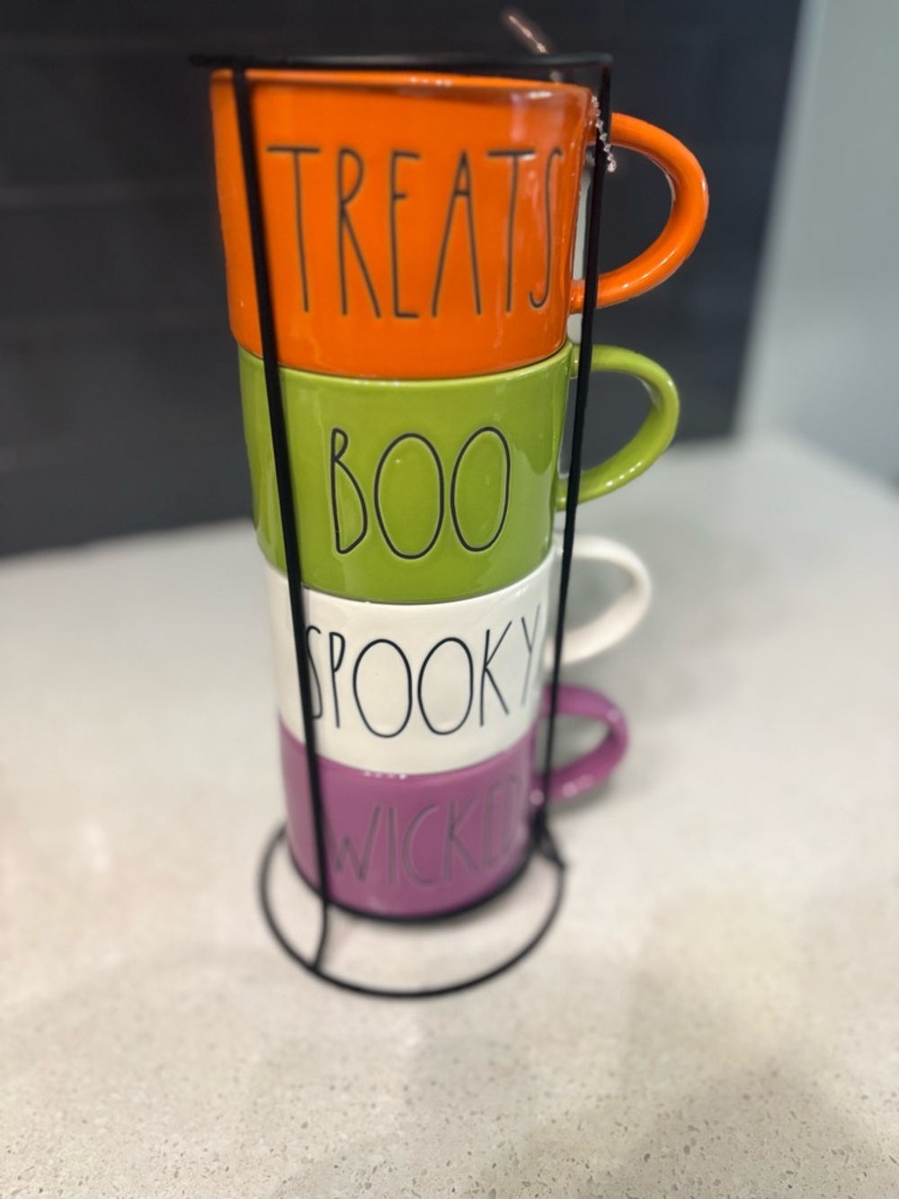 Rea Dunn Stackable Halloween Ceramic Mug Set - Orange, Green, White, Purple